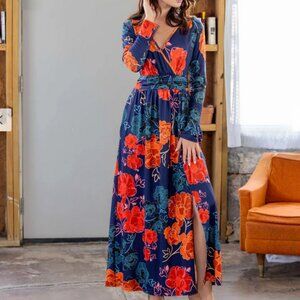 24 Seven Maxi Dress  Navy Multi Floral Size Large Stretch Knit Comfort NWT